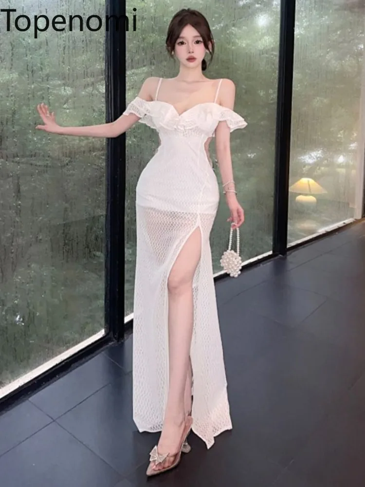 

Topenomi Party Dress Women Sexy Ruffled Spaghetti Strap High Waist Split Long Banquet Evening Gown Elegant Graduation Prom Robe