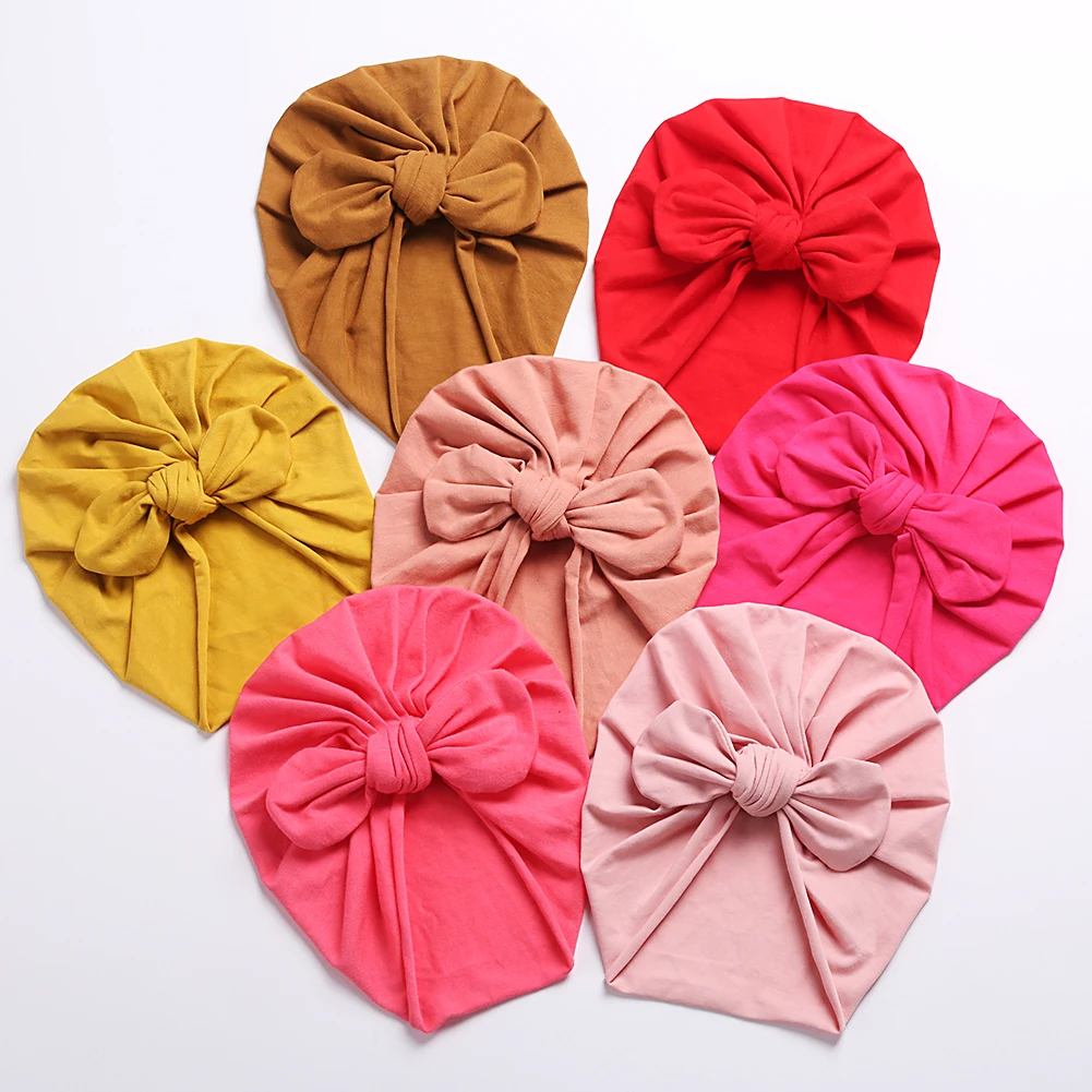 Cotton Baby Turban Hats Cute Bear Bow Beanies Caps Elastic Candy Color Headwraps Headwear Fashion Newborn Kids Hair Accessories