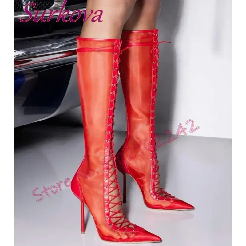 

Red Mesh Breathable Knee-High Boots Pointed Summer Lace-Up Boots Sexy Nightclub Party Commuting Elastic Stiletto Boots For Women