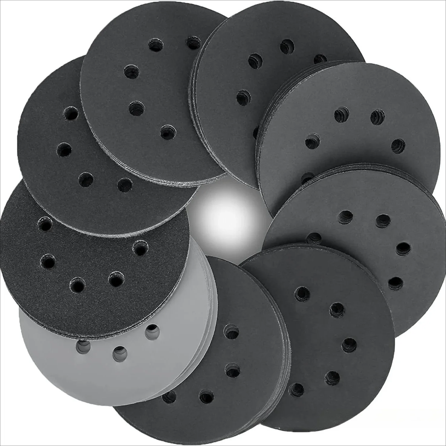5-inch 8-hole flocking disc sand, silicon carbide water-ground black sand,125mm self-adhesive disc back flocking sandpaper sheet