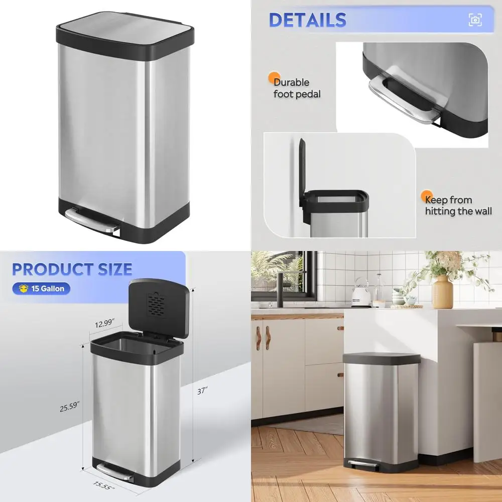 

55 Liter Gallon Capacity Trash Can with Soft-Close Lid, 14.5 Gallon Brushed Stainless Steel Kitchen Waste Bin