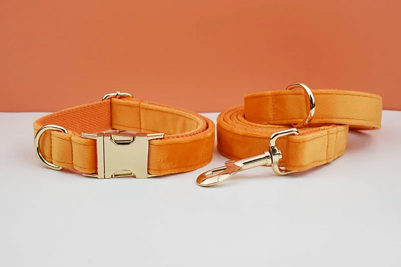 Orange Samt-Hundehalsband und Leinen-Set für Hunde, individuell graviertes Namensschild, Heimtierbedarf, Hundeleine aus Samt 41 – Detail 4
