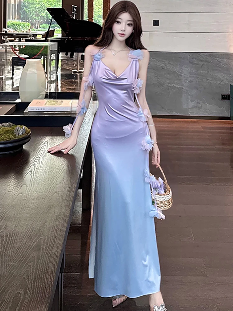 Verano púrpura gradiente malla elegante Floral Sling Sexy vestido largo mujeres elegante Casual estilo de playa vestido 2025 vestidos ceñidos coreanos