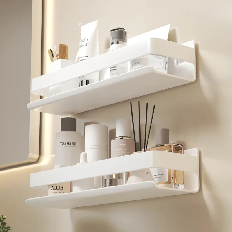 

White Stainless Steel Bathroom Rack Wall Mounted Tissue Holder and Multiuse Cosmetics Shelf Stylish Bathroom Storage