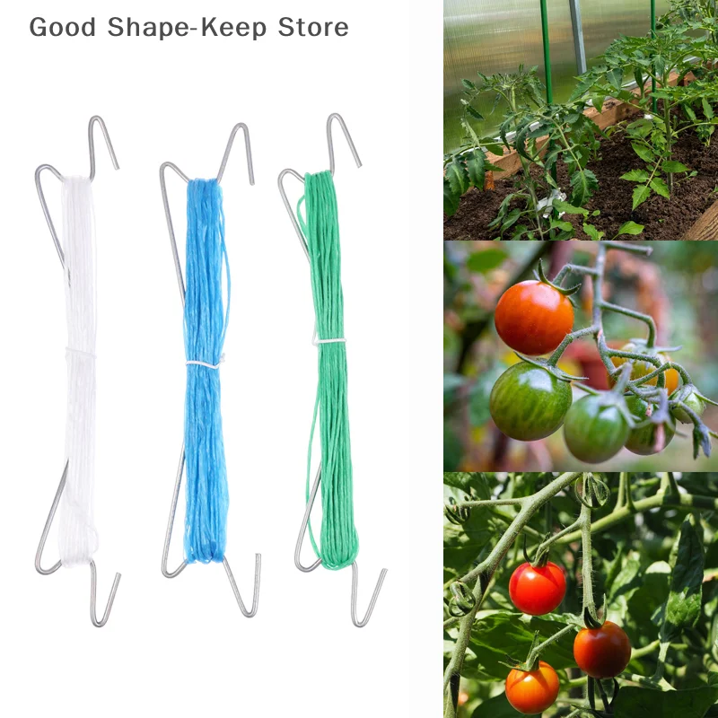 Plants Hooks Clips Set, 10m Rope, 20 Clips, J Hooks, Tomatoes Growing Hooks, Tomato, Grape, Pepper, 10Pcs
