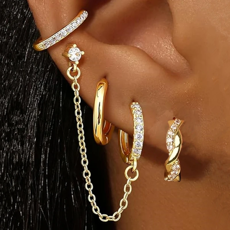 4PC Chain Huggie Earring Set Voor Vrouwen Mode Bloem Tragus Hoepel Oorbellen Bulk Kraakbeen Piercing Helix Sieraden Kwab Earing Lot
