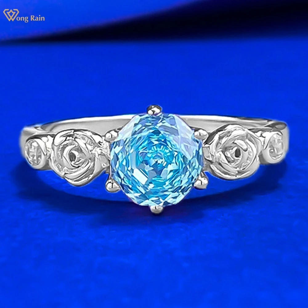 

Wong Rain Solid 925 Sterling Silver Flower Cut 6.5 MM Aquamarine Gems Wedding Engagement Ring for Women Fine Jewelry Wholesale