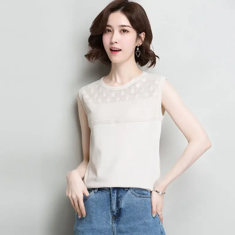 

Ice Scarf Shoulder Sleeveless Tank Clothes for Women Inner Layer Knitted Bottom Outer Wear Tees Summer New Versatile T-shirt Top