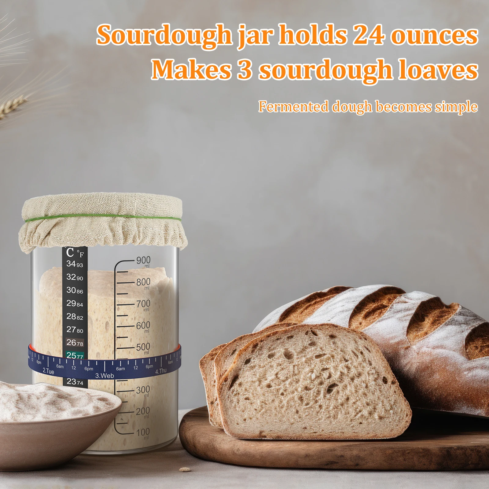 Sourdough Starter Jar Kit 900ml Dough Fermentation Container Wide Mouth Clear Glass Jar for Kitchen Baking Food Storage Tank - view 4
