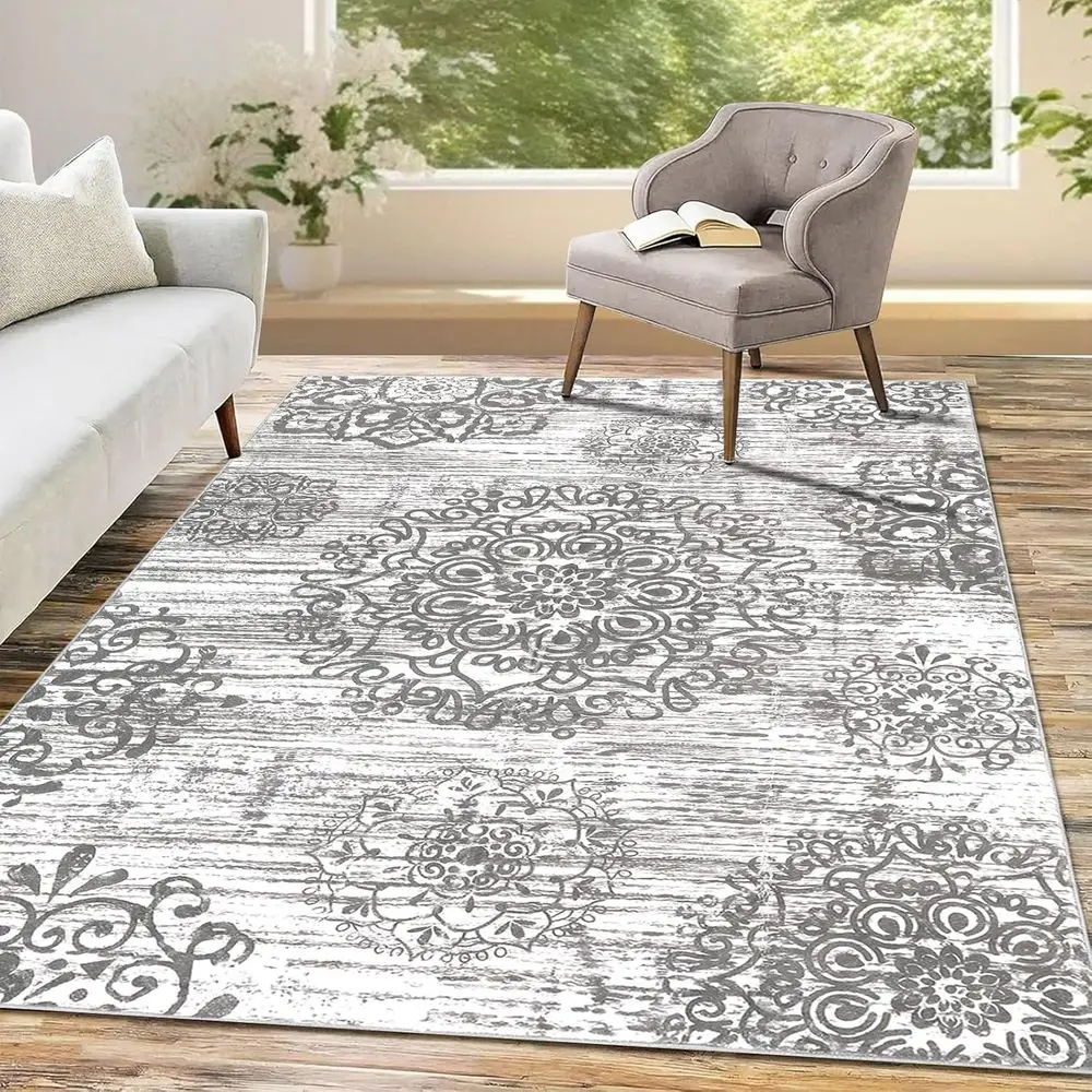 

5x7ft Washable Distressed Medallion Rug - Non-Slip, Soft Accent Carpet for Living Room, Bedroom, Dining Area & Entryway