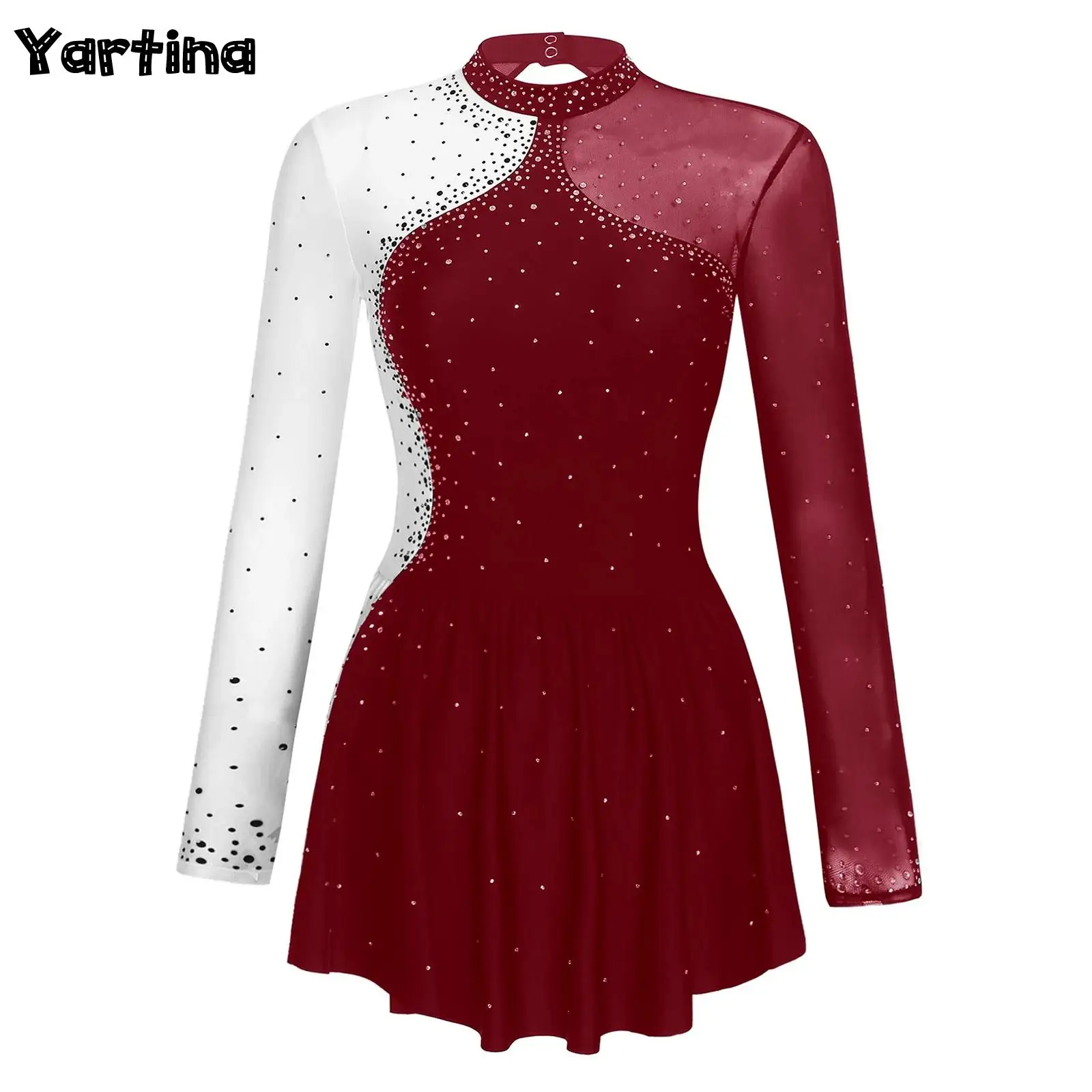 Womens Sparkly Rhinestone Artistic Figure Skating Ballet Lyrical Dance Tight Dress Sheer Mesh Long Sleeve Dance Skirt Dresses