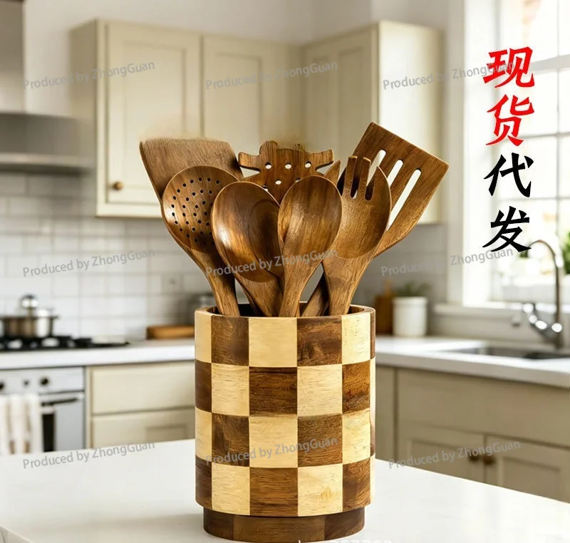 Rotatable Tableware Storage Box, Desktop Acacia Wood Tableware Storage Box, Kitchenware Storage Box, Wooden Tableware Box