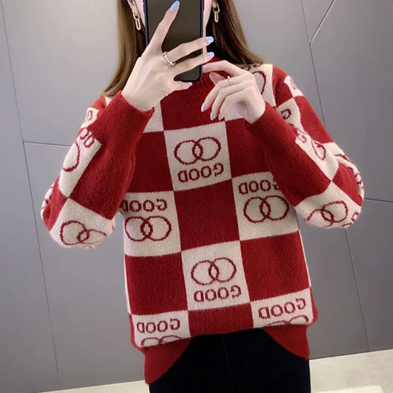 Autumn and Winter Fashion Trends Half High Collar Colored Jacquard Loose Versatile Casual Western Style Women\'s Knitted Sweater