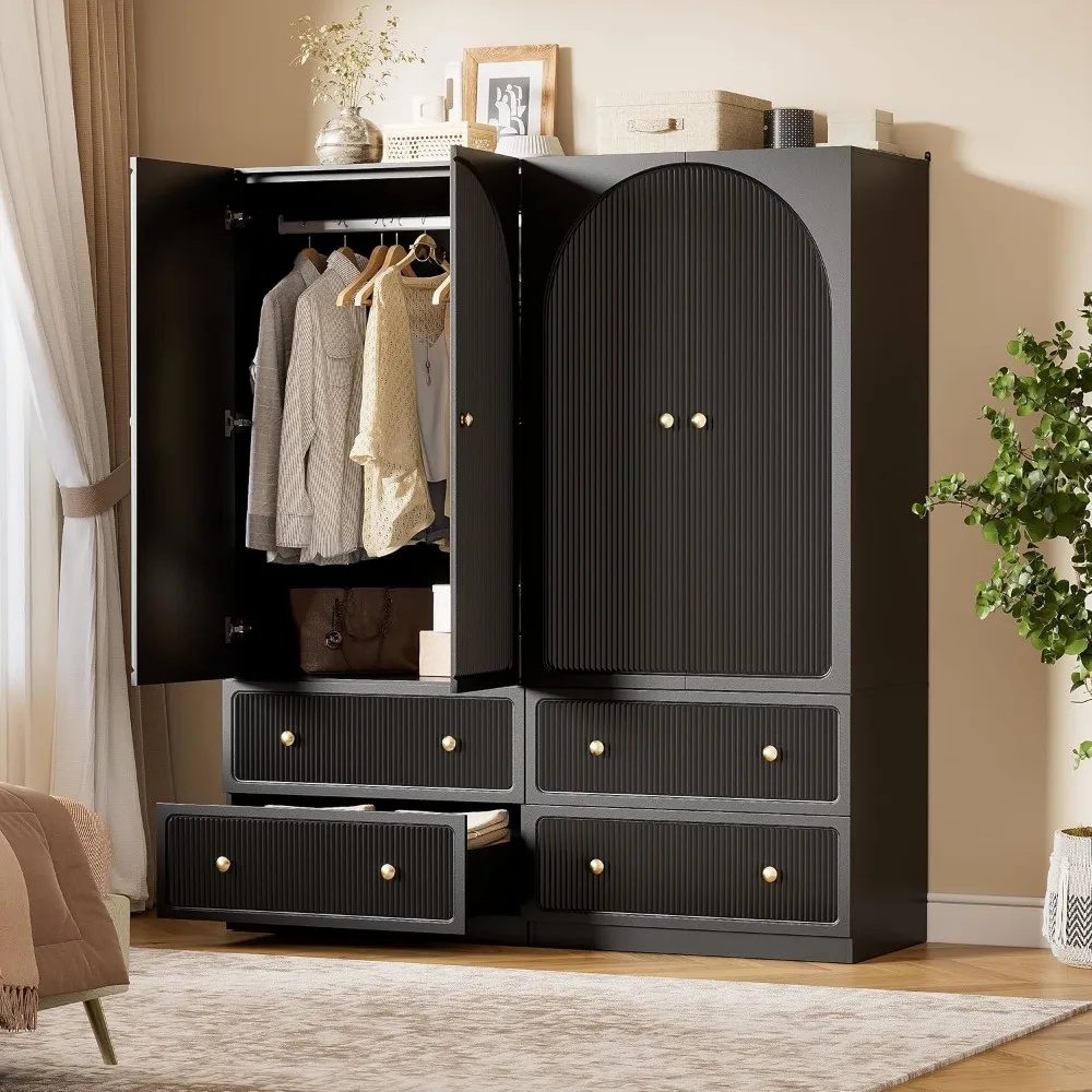 

Armoire Wardrobe Closet with 2 Drawers & Hanging Rod, Freestanding Wooden Wardrobe Cabinet with 2 Striped Doors for Bedroom, Li