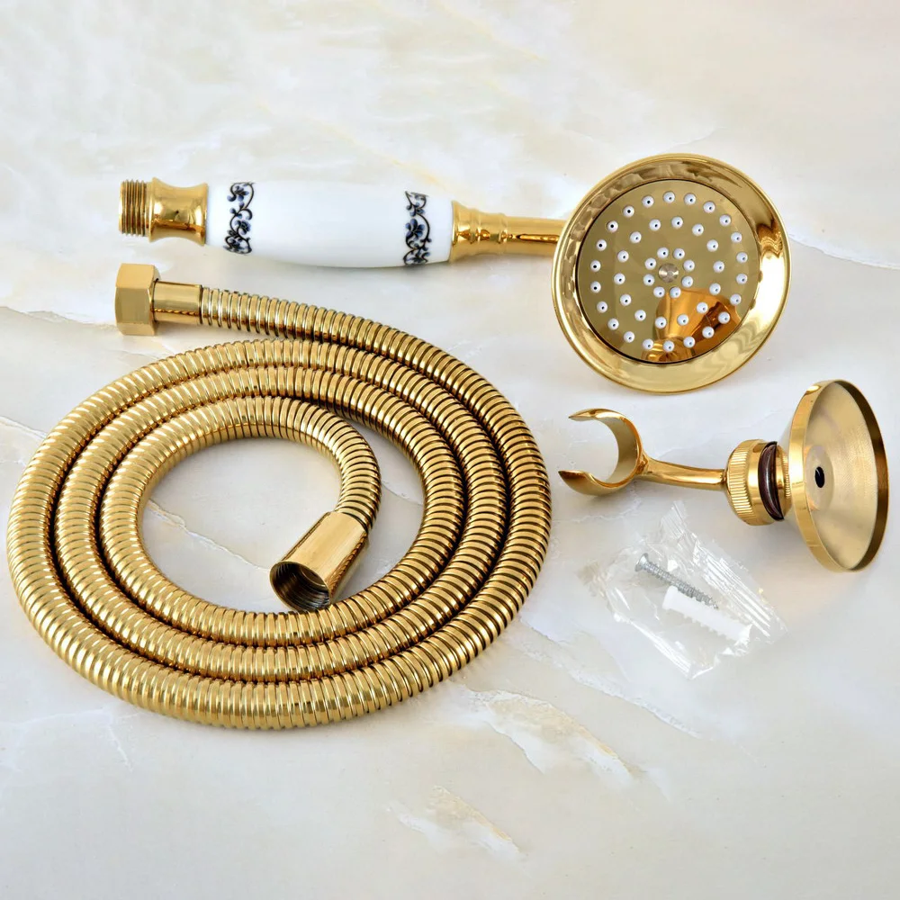 Gold Color Brass  Ceramics Hand Held Shower Head with 1.5M Hose  Bracket Holder Bathroom Accessories Wall Bracket  Lhh042