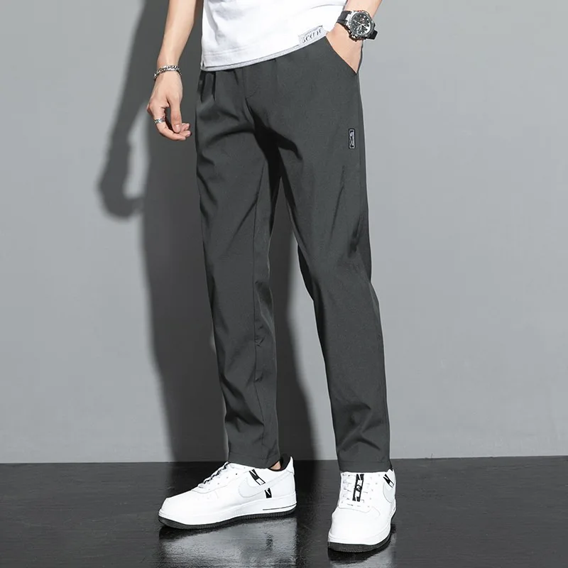 Ice Silk Men\'s Pants 2023 Summer Black Gray Thin Business Casual Pants Outdoor Elastic Breathable Straight Leg Sweatpants