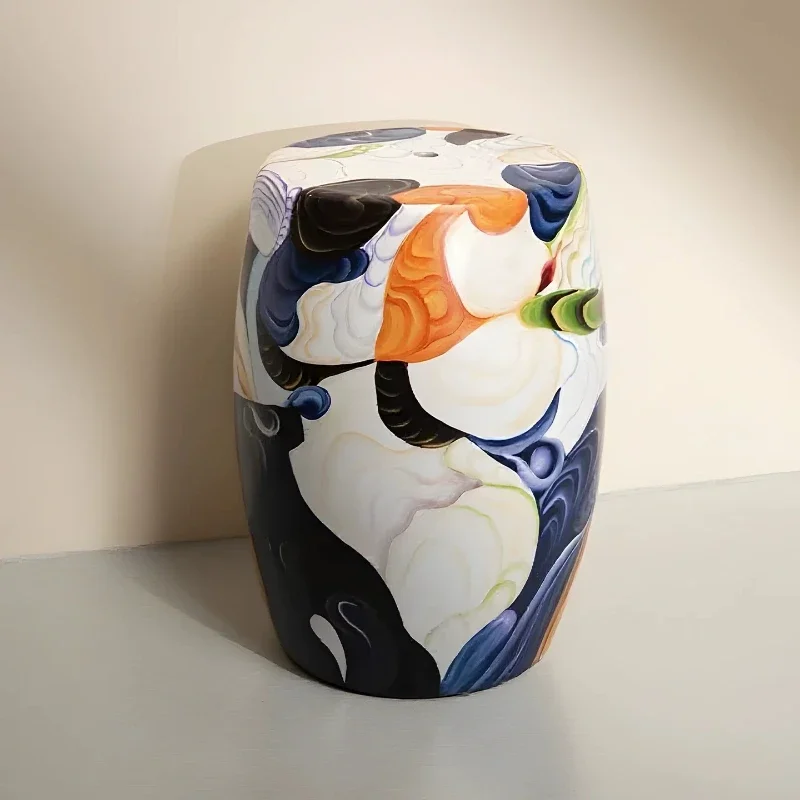 Hand Painted Italian Ceramic Stool, Round Abstract Art Side Table,Creative Corner Decorative Stand, Modern Colorful Accent Piece