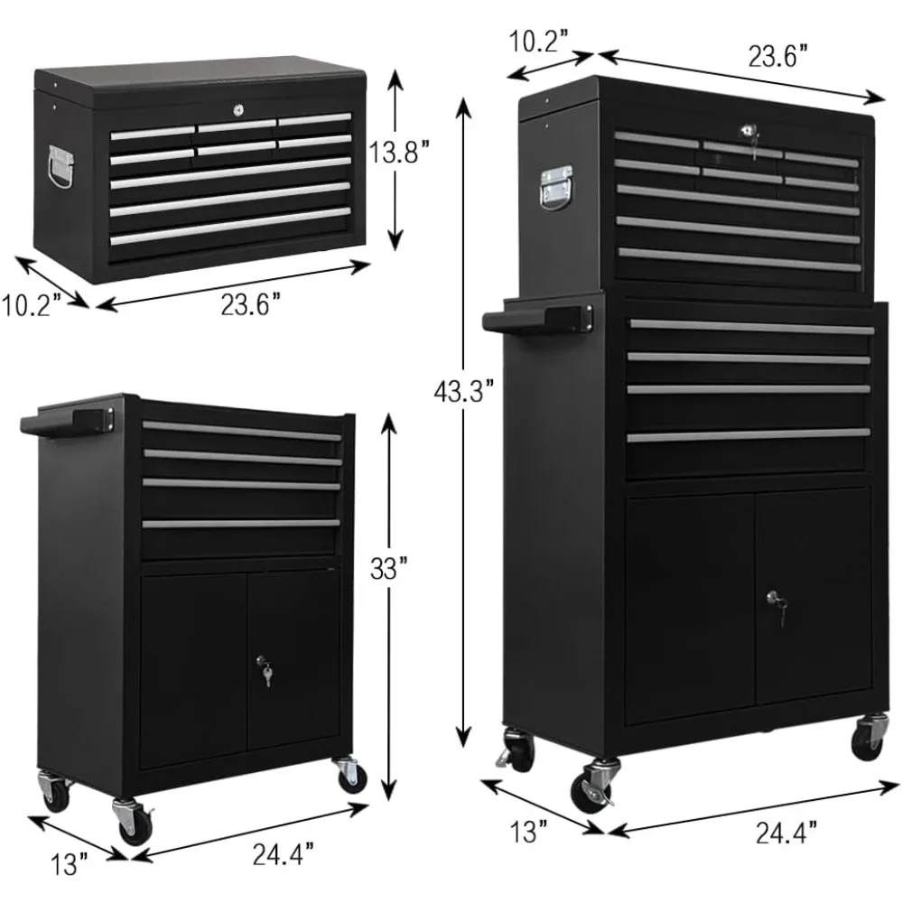 13段引き出し付きツールチェスト、両開き扉と取り外し可能なホイール付き、大型工具収納用