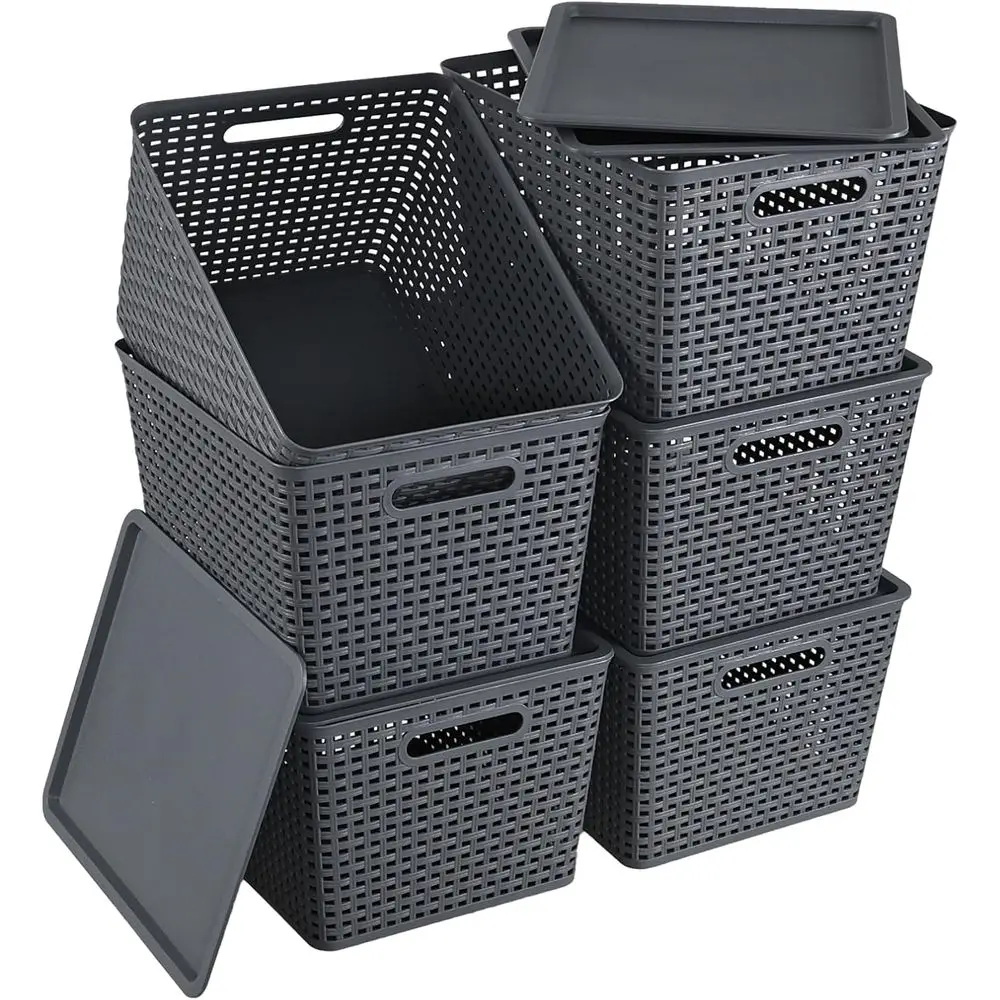 

Серые большие пластиковые корзины для хранения с крышками, 6 штук в упаковке, 14 x 11.65 x 8.66 дюймов, органайзеры с крышками