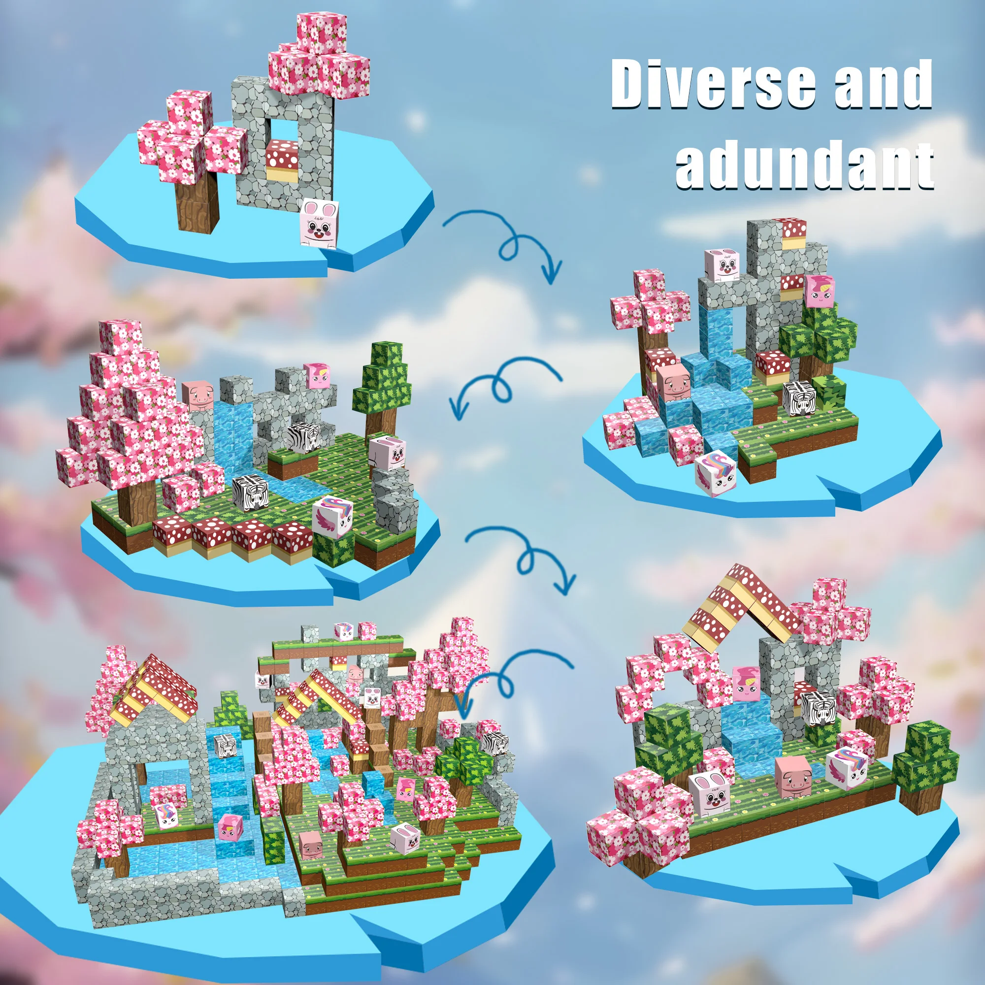 مجموعة مكعبات بناء مغناطيسية من ساكورا مكونة من 107 قطع مع حيوانات لطيفة، ألعاب جذعية تحت عنوان زهر الكرز للأطفال من سن 3 إلى 8 سنوات، تعليمية