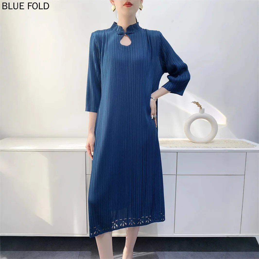 Miyake 2025 primavera e verão novo vestido plissado feminino high-end estilo chinês vestido plissado comprimento médio elegante robe