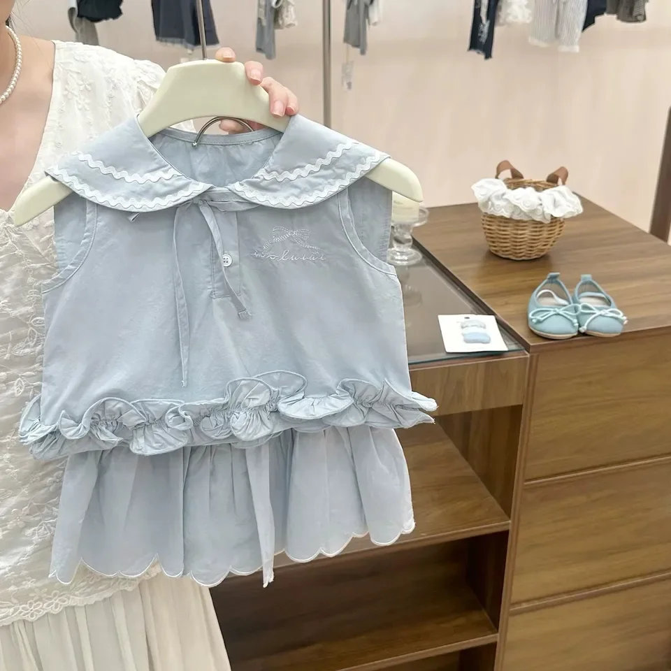 Korean version sweet and cute style girl's summer new style western-style navy collar bow wooden ear skirt two-piece set