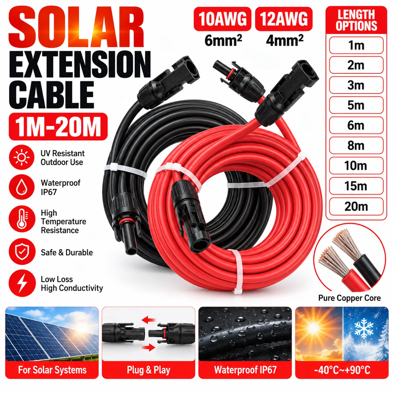 Solar Panel Extension Cable 12AWG 10AWG 4mm2 6mm2 Red Black PV Wire Male Female Connector Pair for Solar Power System 1-20m