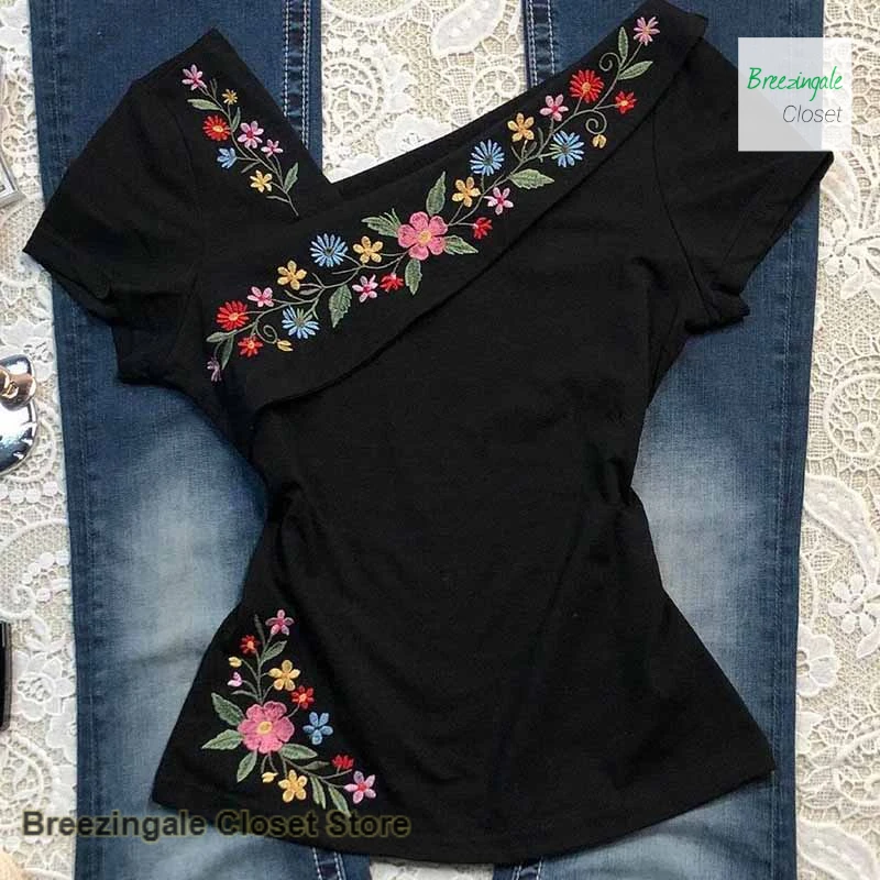 

French black embroidered short-sleeved T-shirt with diagonal shoulders for women's summer new slim and versatile design top.