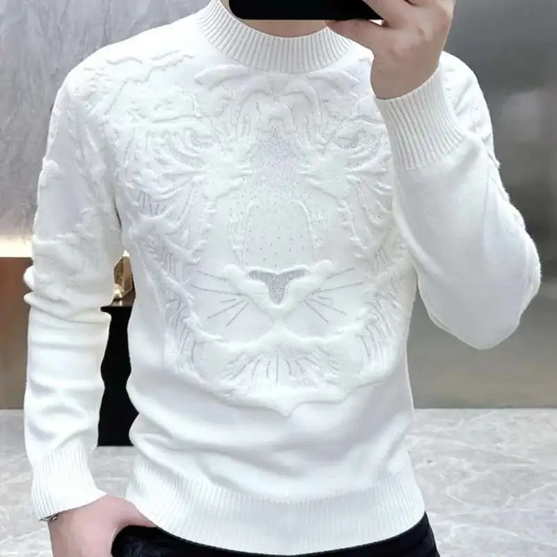 メンズ長袖ジャカードニットセーター,厚手のセーター,タートルネック,ラインストーン,カジュアルなストリートウェア