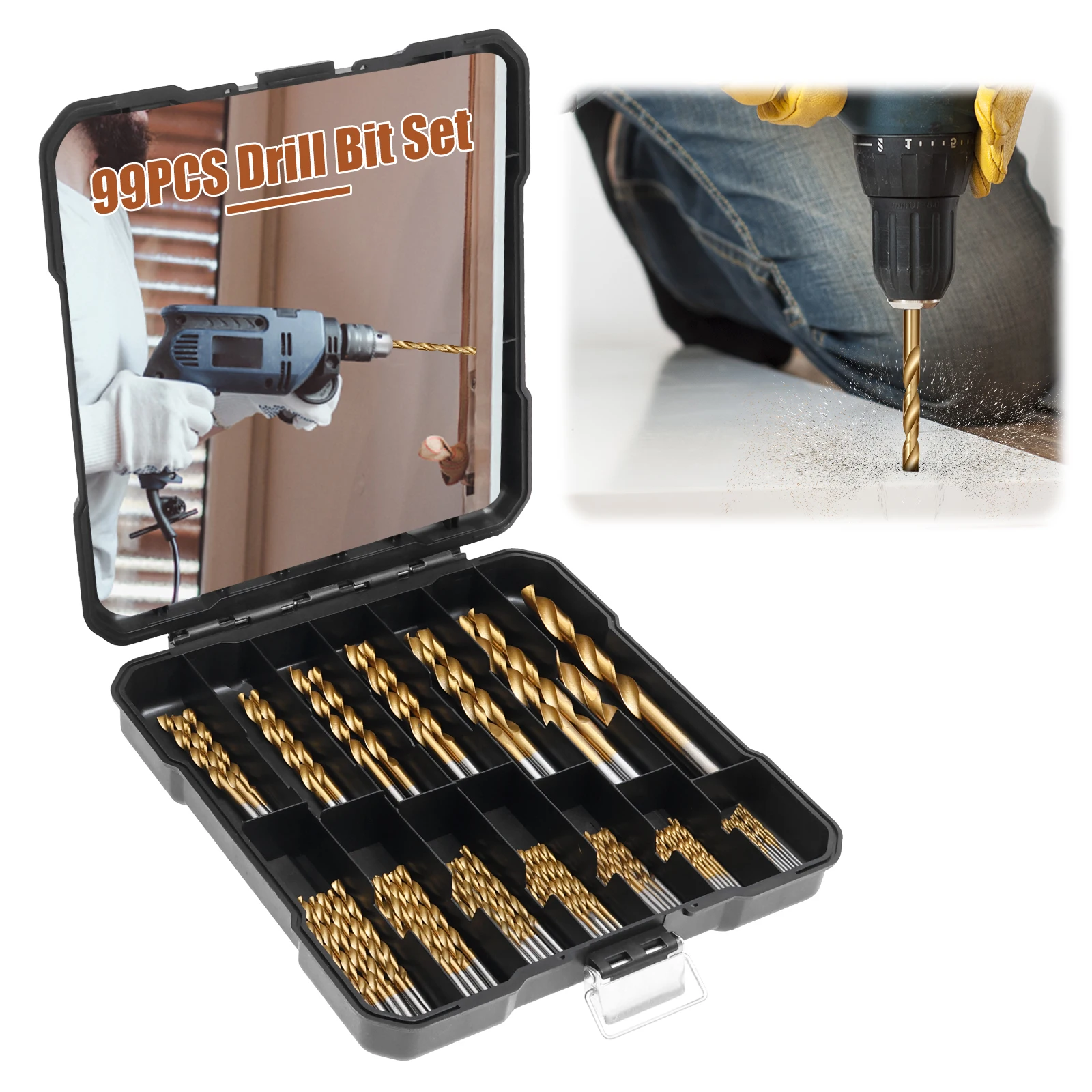 

Набор из 99 сверл из быстрорежущей стали с титановым покрытием, с шестигранным хвостовиком, прямые и спиральные, для сверления металла, дерева, пластика