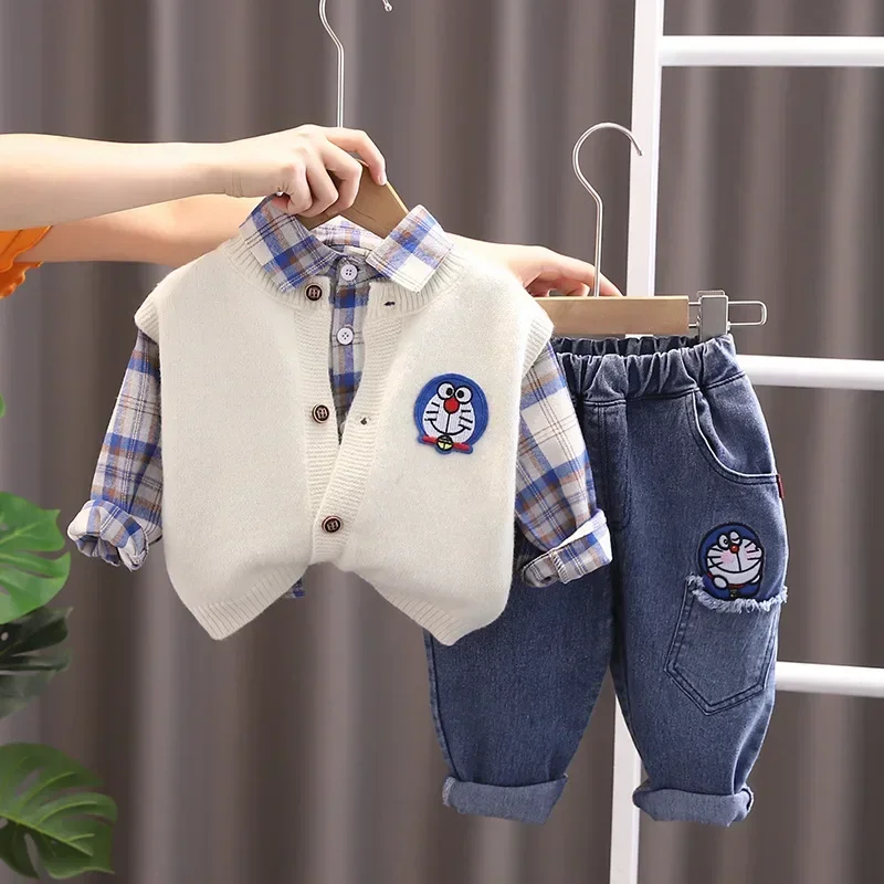 Doraemon Boys Children\'s Sets spring autumn clothes cartoon jacket children baby plaid shirt three-piece suit