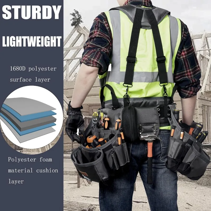 공구 벨트, 서스펜더와 자석 공구 파우치가 있는 남성용 공구 벨트. 헤비 듀티 목수/건설 공구 벨트.