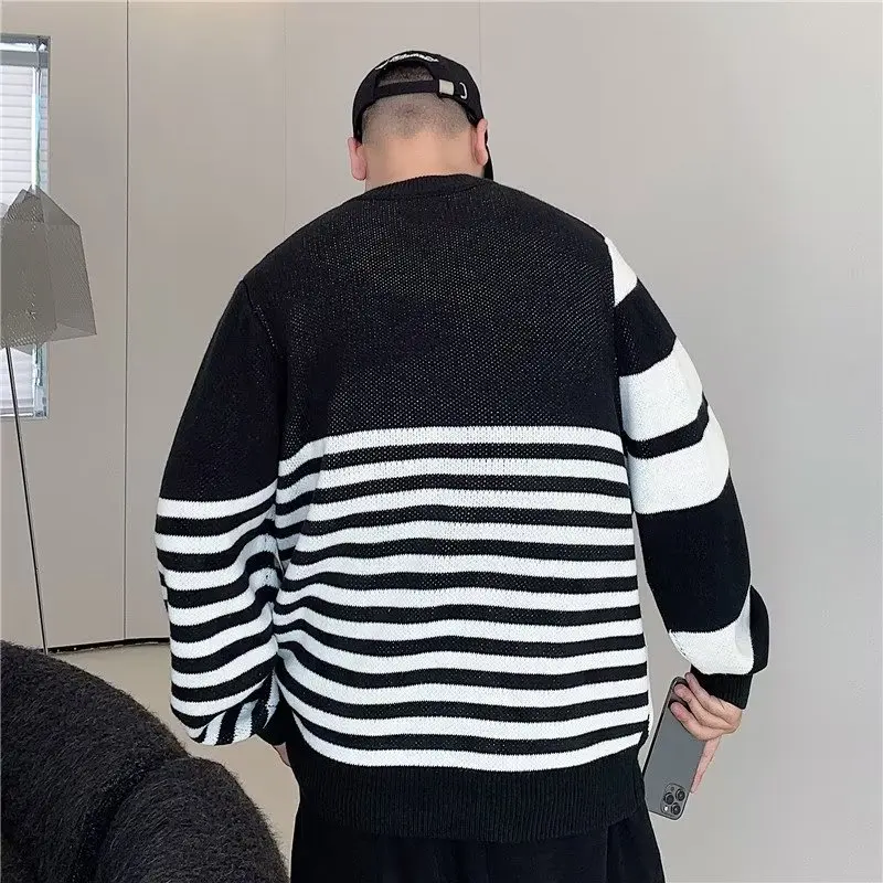 

Свободный крой, мужской свитер большого размера, модный сли, осенне-зимний вязаный тюнер, хлопковый молодежный активный с круглым вырезом в полоску...