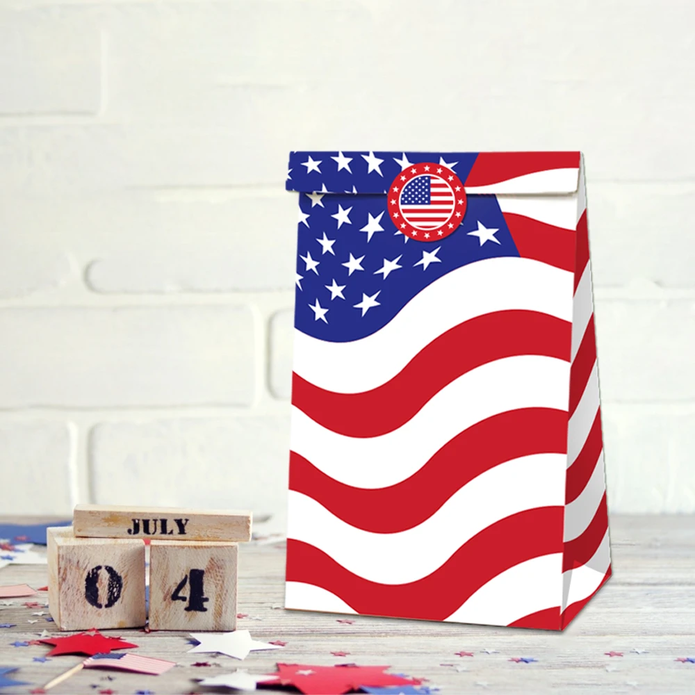 LB034 12pcs American Independence July 4th DayParty Gift Bags with Stickers USA National Party Cookies Biscuit Kraft Paper Bag