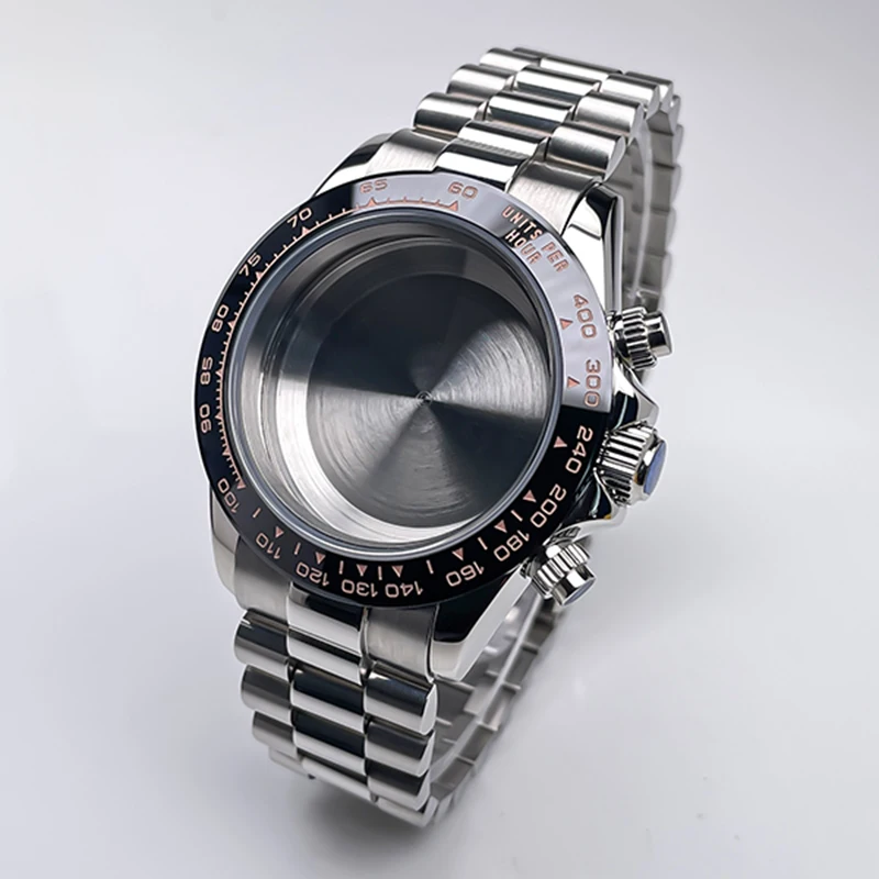 39mm VK63 VK64 Quartz Watch Case Ceramic Bezel Sapphire Crystal Screw-In Crown 5ATM Water Resistant Fit 29-30.5mm Dial 28mm