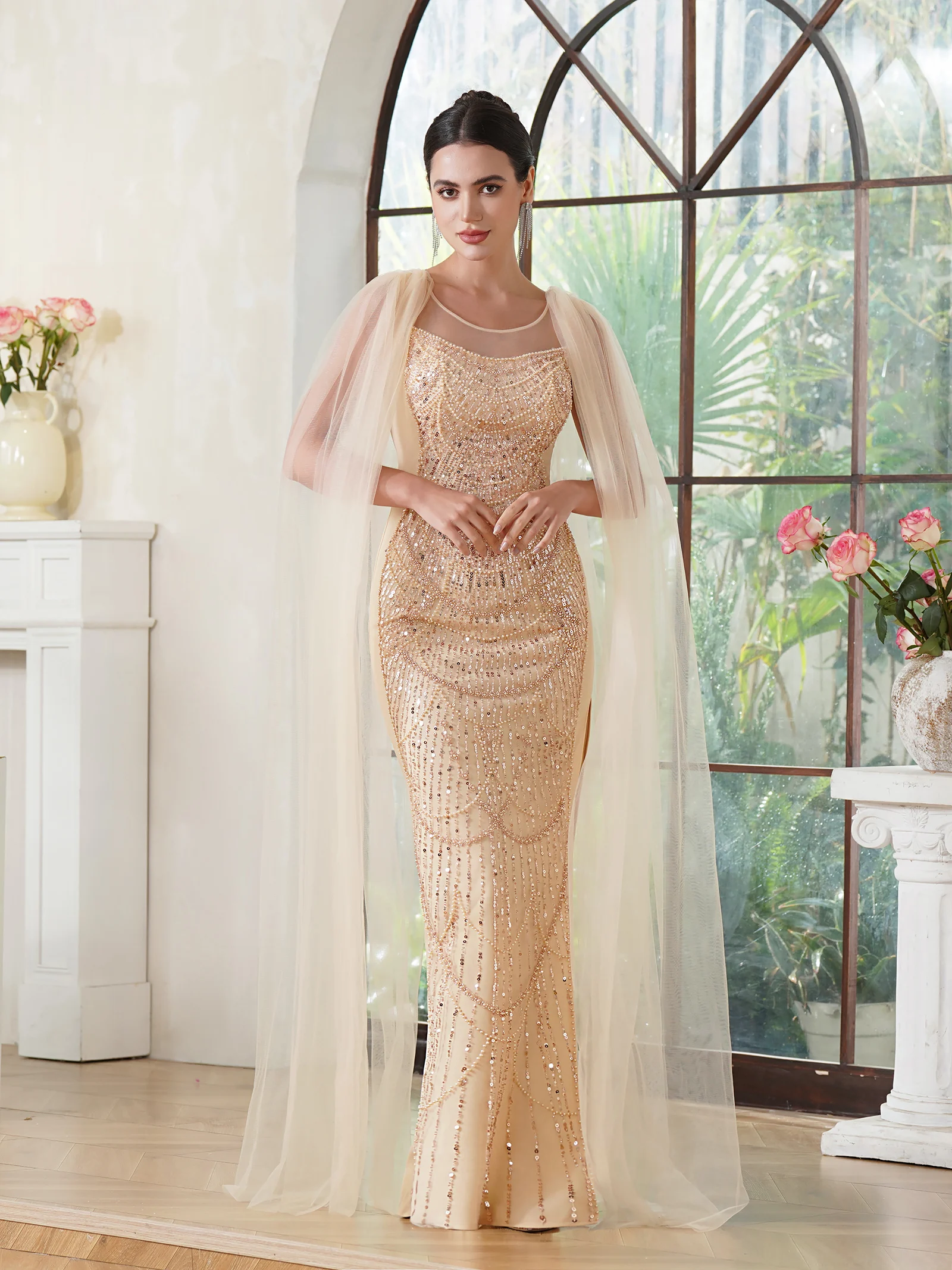 Luxury Pearl Beaded Mermaid Prom Dresses with Tulle Cape Champange Slit Floor Length Dubai Evening Gowns For Women Party