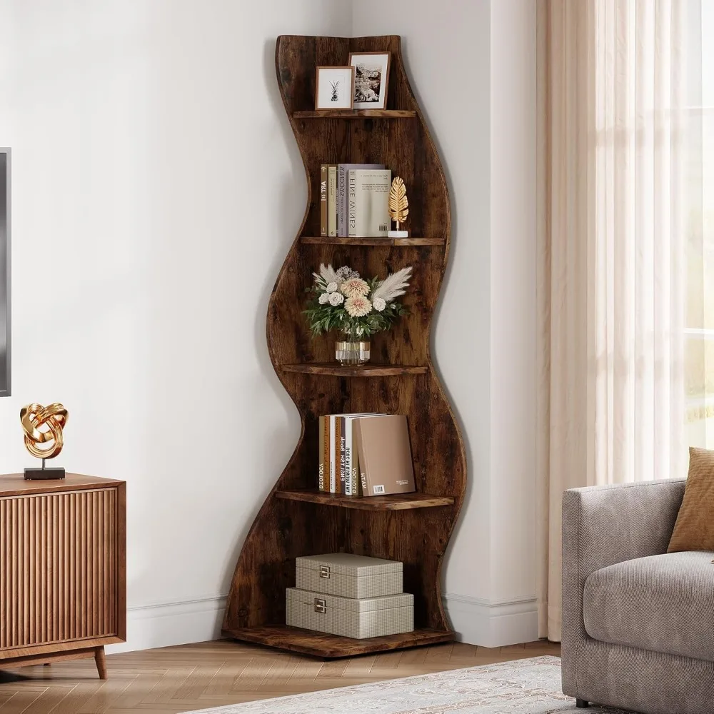Contemporary 5-Tier Wavy Corner Bookshelf, Curved Design Plant Stand and Display Rack for Living Spaces and Compact Spas