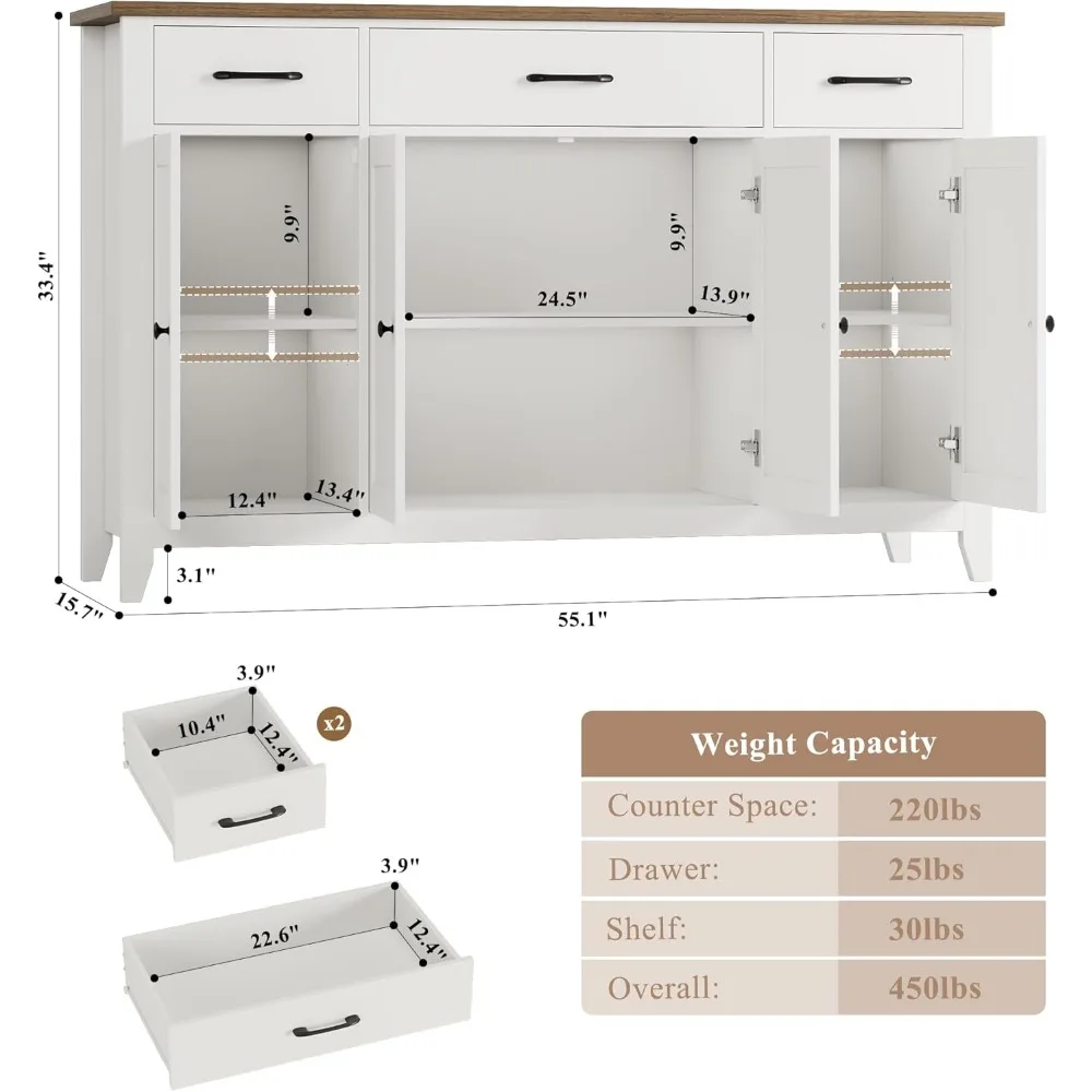 خزانة بوفيه مقاس 55 بوصة، بوفيه خزانة جانبية حديثة للمزرعة مع أدراج، خزانة تخزين كبيرة للمطبخ مع أدوات قابلة للتعديل #3