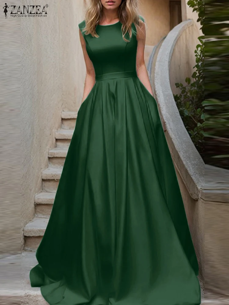 

2025 ZANZEA Sleeveless Waisted Party Sundress Women Satin Silk Maxi Dresses Stylish Long Dress Elegant Solid Tanks Robe Oversize
