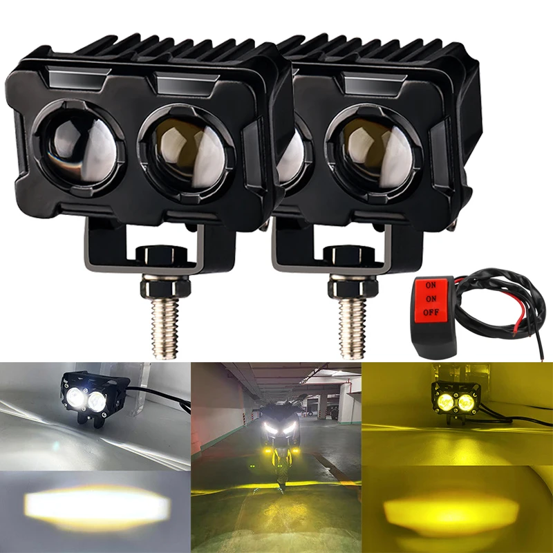 1/2pcs Motorcycle Mini Driving Light Headlight Dual Color ATV Scooter for Auxiliary Spotlight Lamp Moto Fog light Accessories