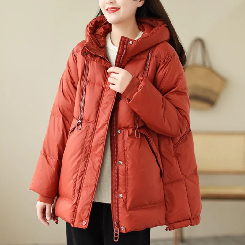 

Women's Down Jacket Winter New Outerwears Simple Casual Solid Zipper Puffer Coats Thick Loose Warm Hooded Mid-length Down Parka