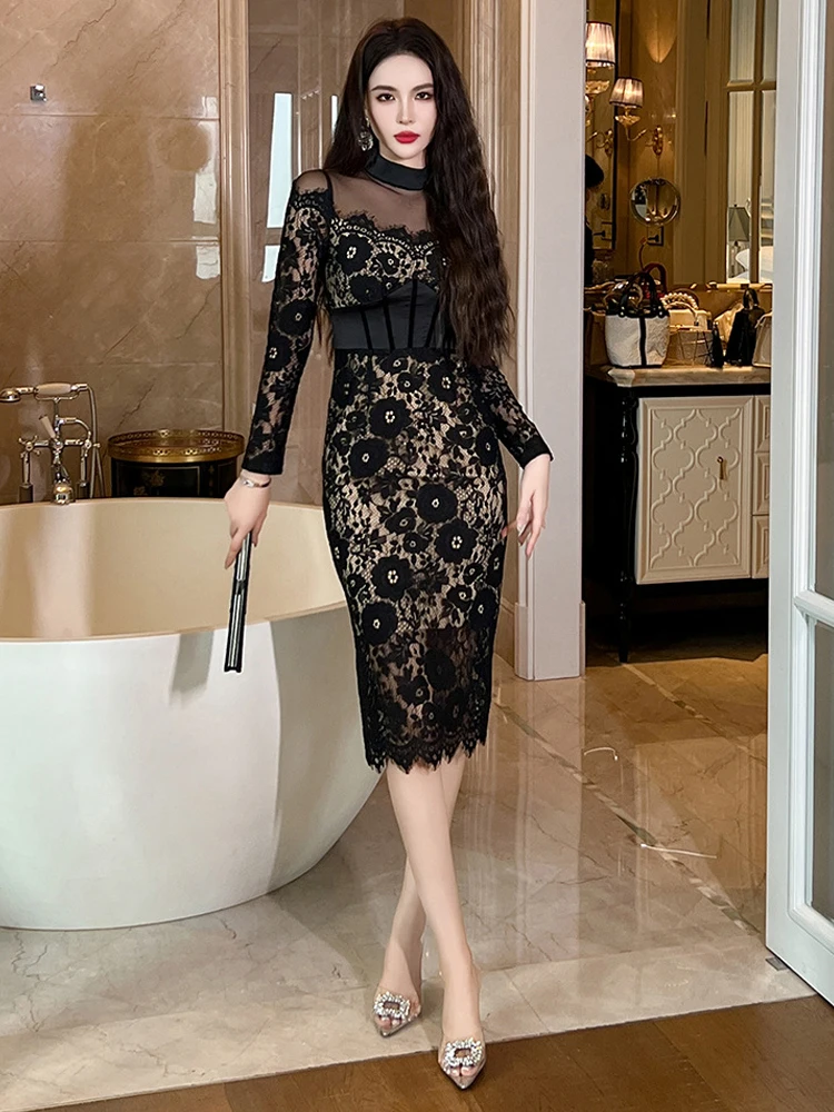 Abiti da sera in pizzo nero da donna alla moda Abbigliamento donna Elegante chic sexy manica lunga Slim Party Club Prom Dress Mujer Vestidos