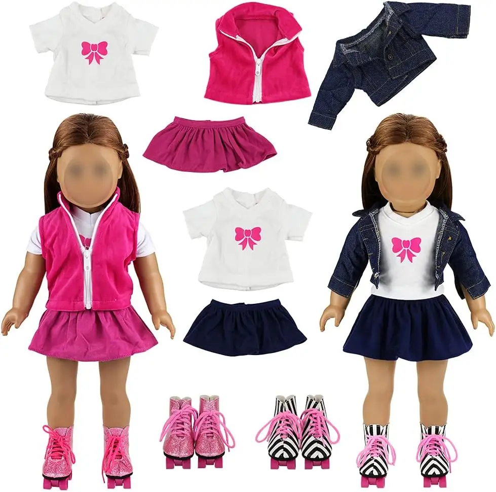 Barwa 2 Sets Doll Clothes and 2 Pairs Ice Skates Boots Shoes Fashion Autumn Clothing Dress Sets Compatible for 18 Inch Doll