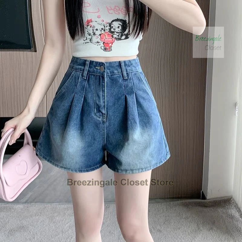 French design butterfly bow straight leg denim shorts for women's summer new casual wear with wide elastic and wide leg pants