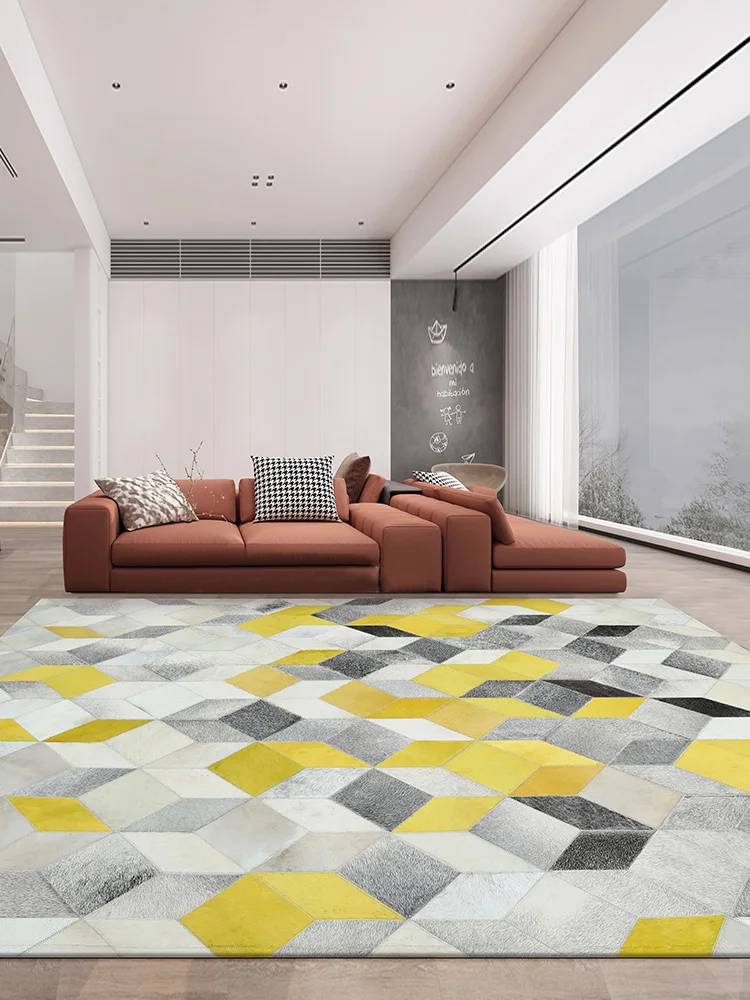 Nordic Modern Cowhide Carpet Yellow Square Splicing Sitting Room Sofa Tea Table Large Area Bedroom Real Leather Bedside Rug