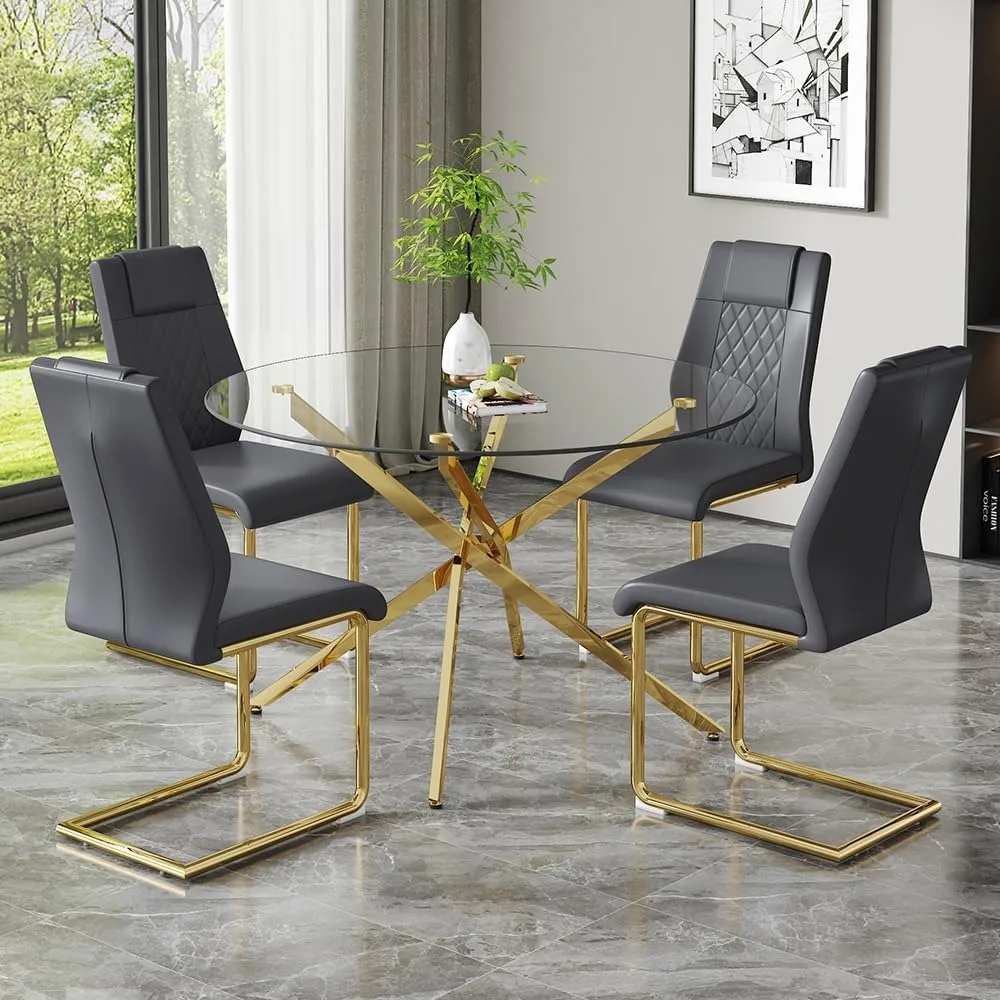 

Round Glass Dining Table Set for 4,5 Piece Modern Tempered Glass Kitchen Dining Table Chairs Set,47 Inch Modern Glass Dining