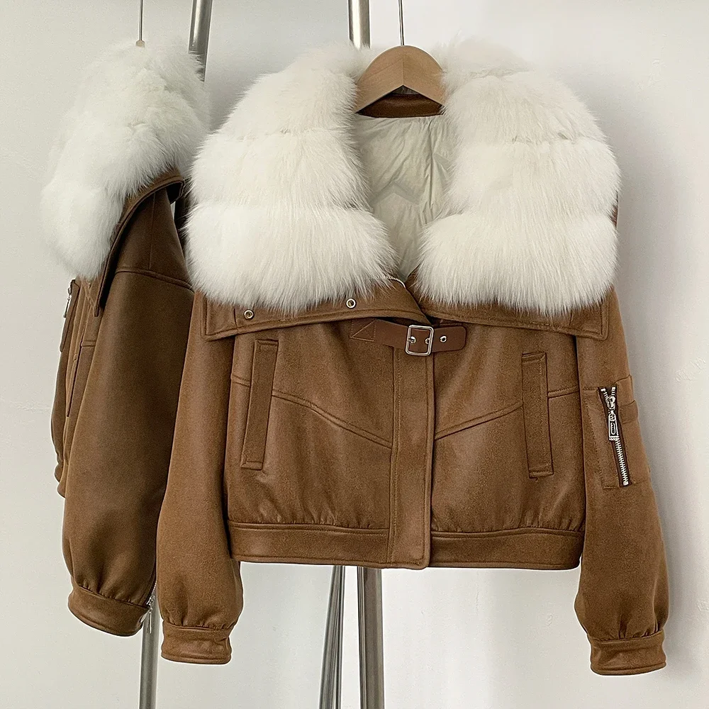 OFTBUY Vera Pelliccia Collo in pelliccia di volpe naturale Giacca corta in pelle scamosciata Abbigliamento invernale da donna Piumino soffice Cappotto spesso in piumino d'anatra femminile