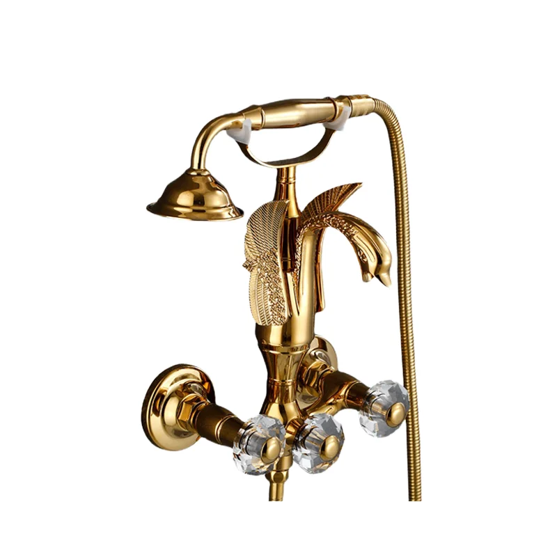 

Copper Polished Modern European Style Golden Swan Bathtub Faucet Ceramic Valve Dual Handle Wall-Mounted Hot/Cold Shower Set Soft