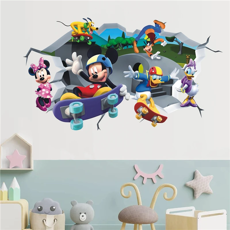 Cartoon Mickey Minnie Mouse Donald Duck Wall Stickers For Kids Room Baby Bedroom Wall Art Nursery Amusement Park PVC Poste