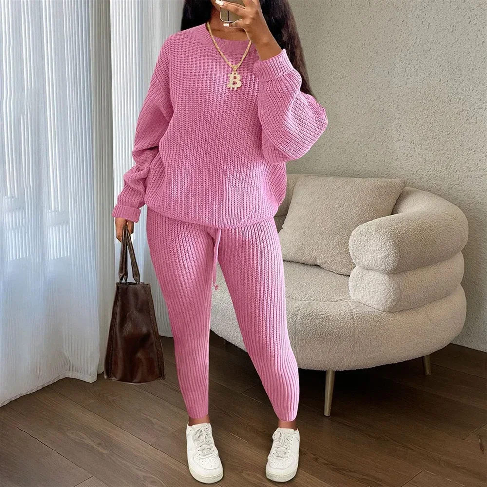 New Autumn Winter Women Knitted Tracksuit Two Piece Set Female Sweater Tops + Elastic Waist Pant Knitted Suit Women Outfits